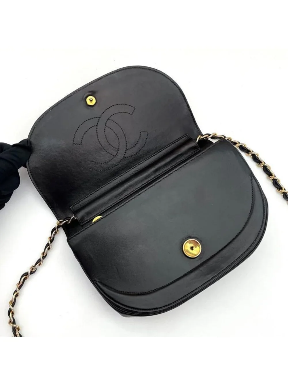 Chanel Chain Shoulder Lambskin Black CC Logo Half Moon